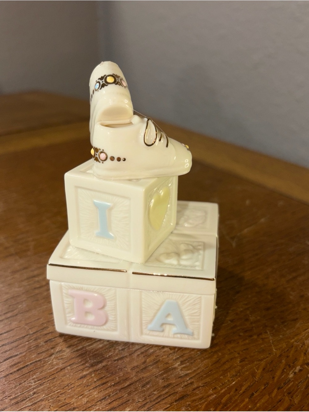 Lenox Cream Ceramic Baby Shoe on Pastel ABC Blocks with Gold Accents